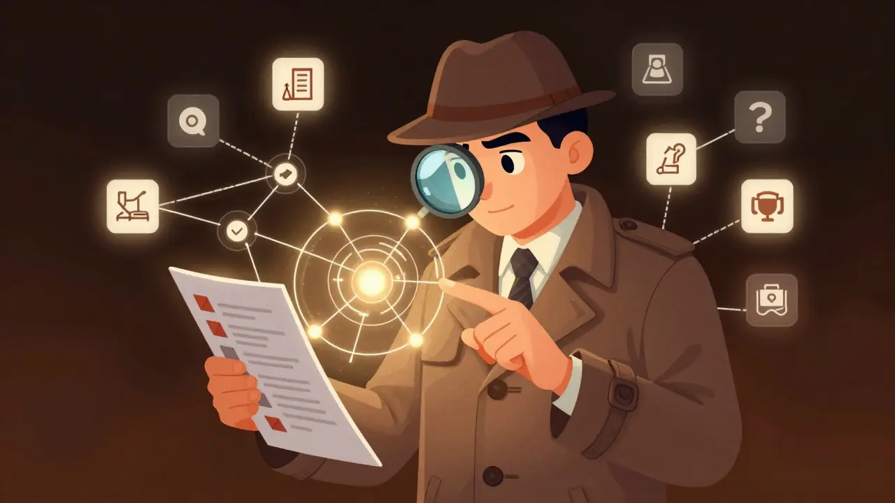 Detective examining blockchain web with magnifying glass for risks