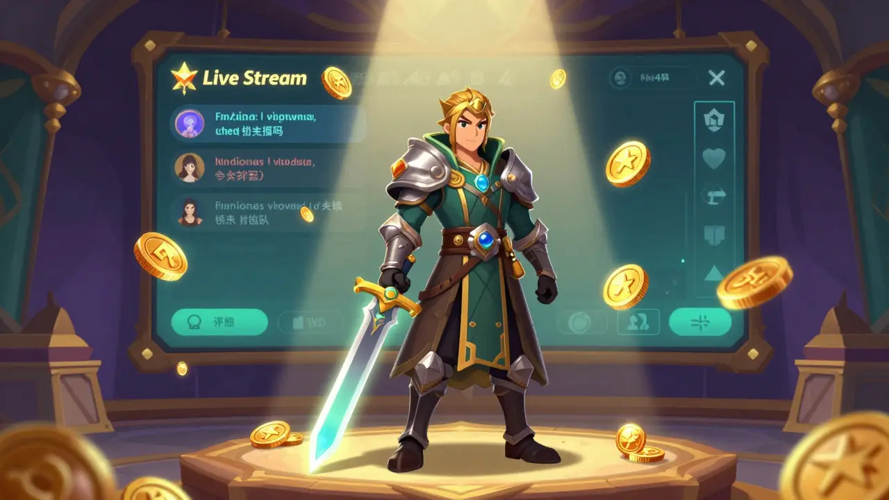 Fantasy RPG character from Faraland receiving golden tokens during a live stream event in cartoon style.
