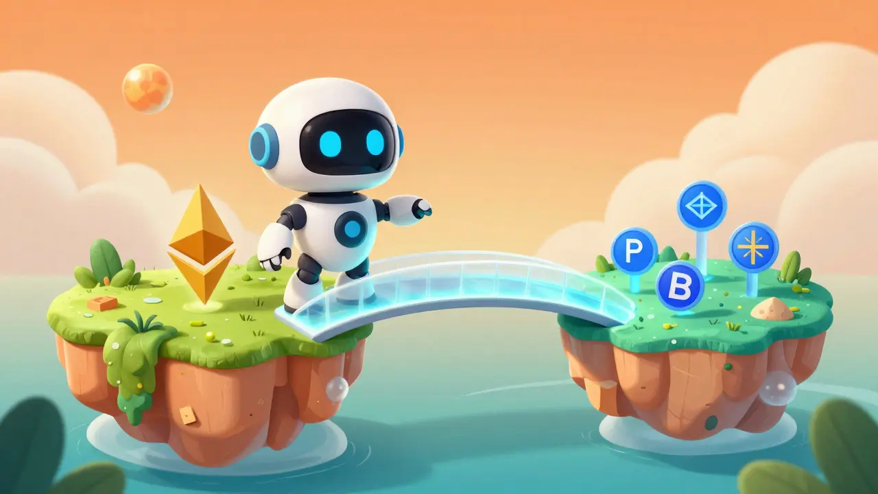 Friendly cartoon mascot bridging different blockchain networks easily