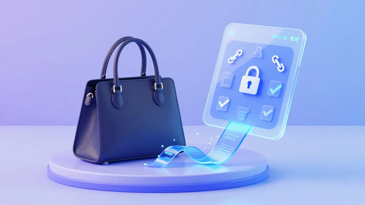Handbag linked to holographic NFT passport via digital ribbon