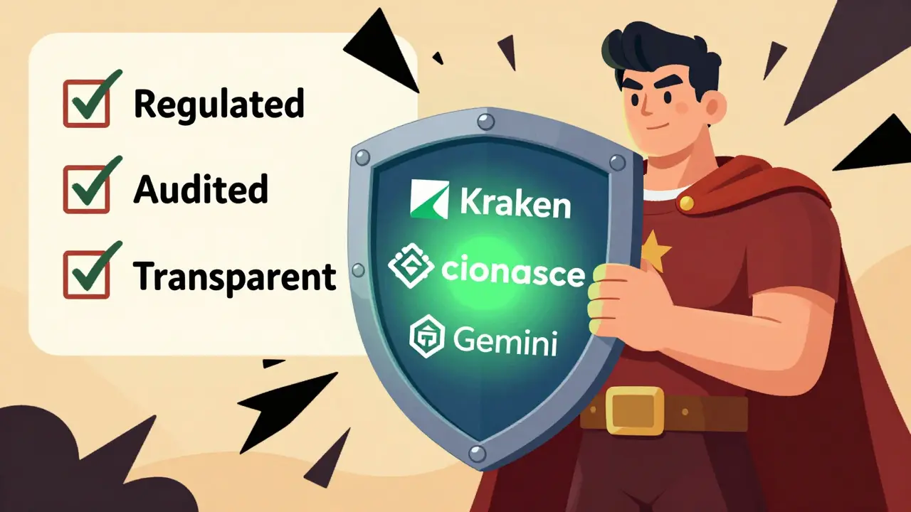 Heroic figure protecting assets with a shield of trusted, regulated crypto exchanges