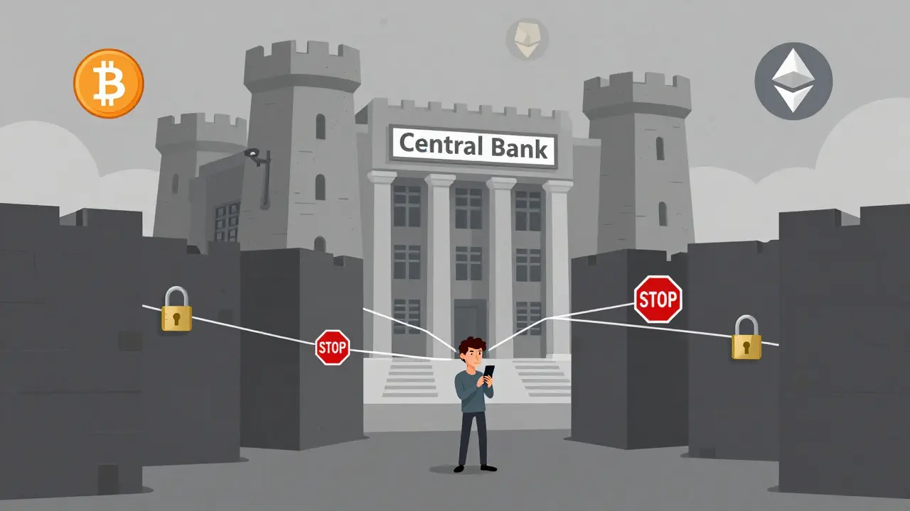 Illustration of a bank blocking access to cryptocurrency networks