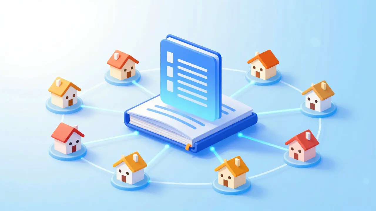Illustration of blockchain nodes connecting houses for energy