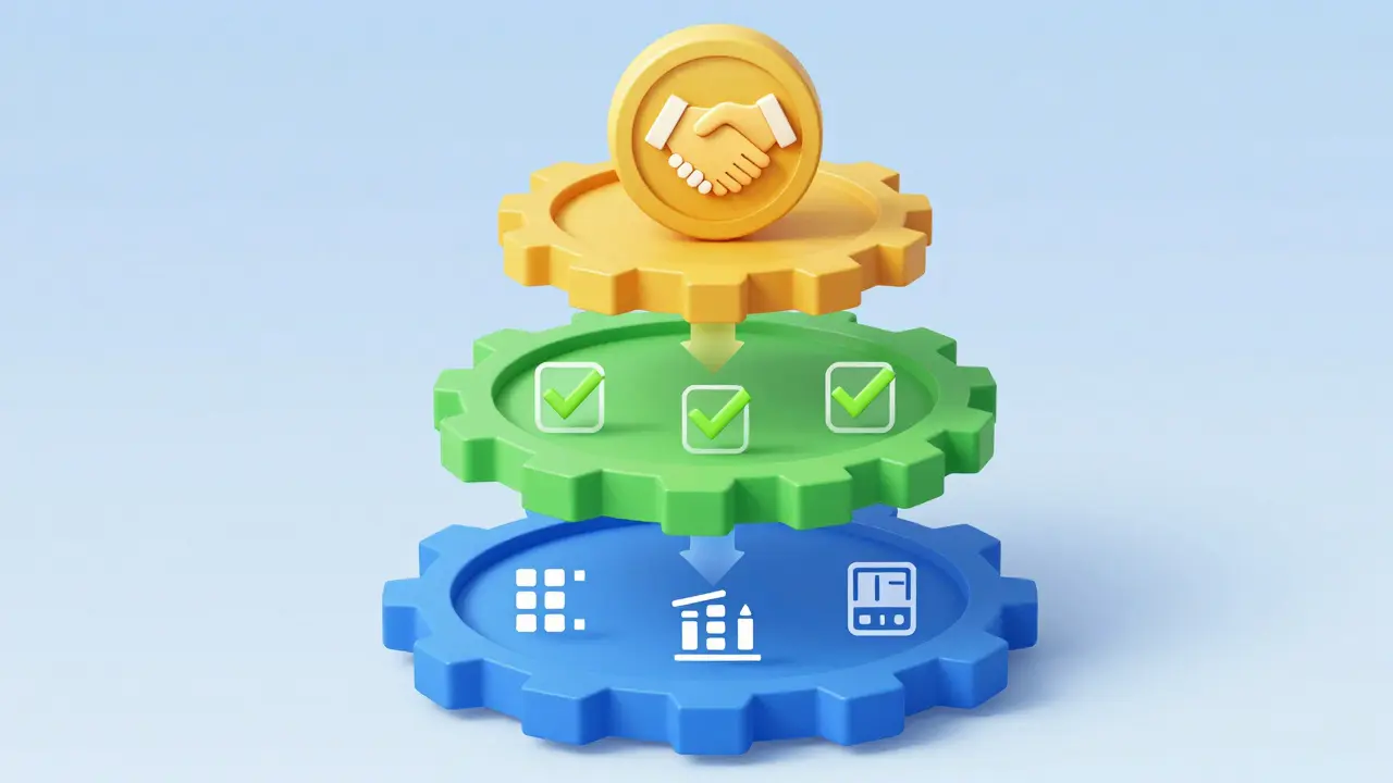 Illustration of three-layer blockchain architecture with gears