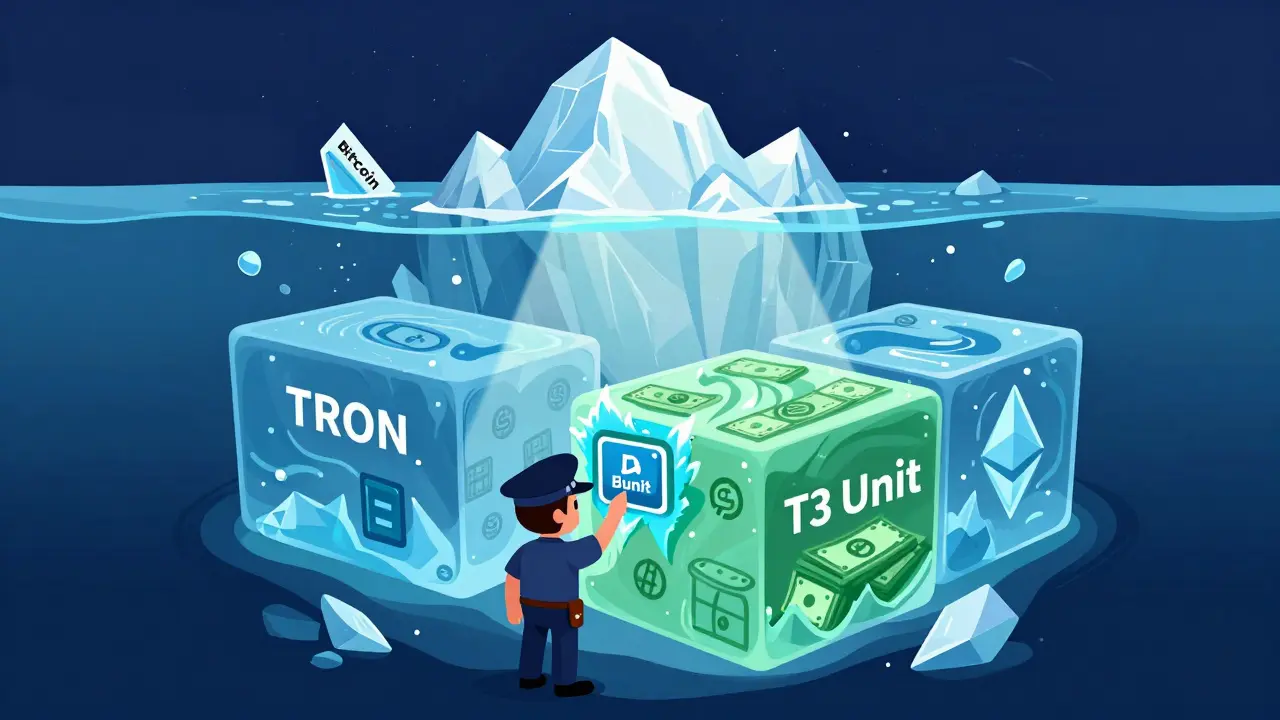 Illustration showing TRON and Ethereum as the main hubs of hidden crypto crime below the surface.