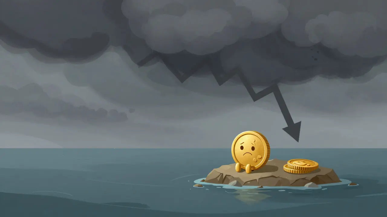 Lonely gold coin on a crumbling island symbolizing low liquidity and market crash