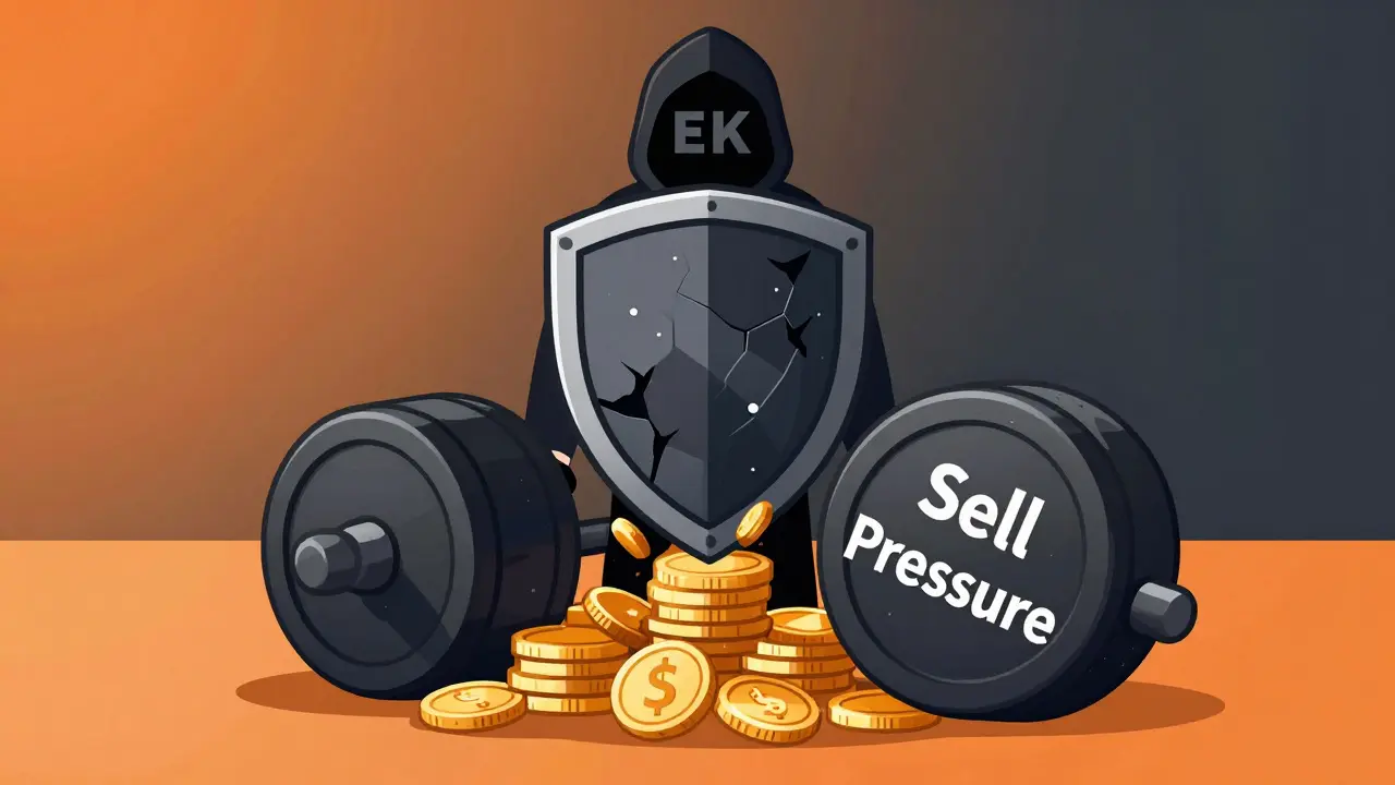 Mysterious masked figure behind a cracked shield with sell pressure weights