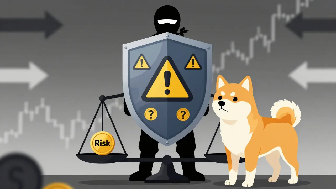 Ninja silhouette behind risk shield with nervous dog