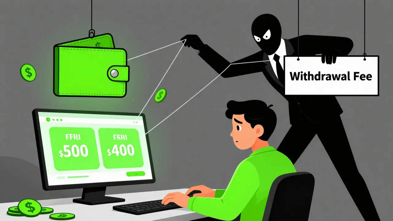 Puppeteer manipulating fake crypto profits and withdrawal fees cartoon