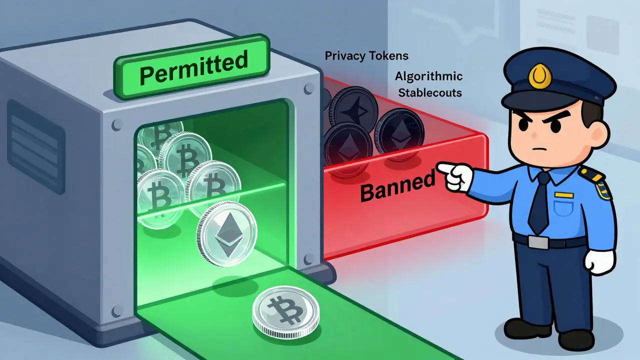 Regulatory machine sorting permitted vs banned crypto assets