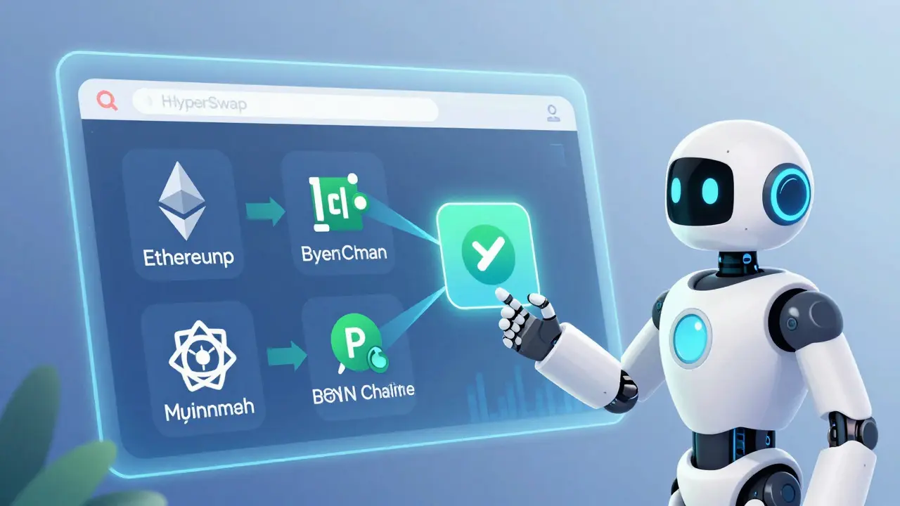 Robot assistant guiding user to connect wallet for seamless cross-chain swap