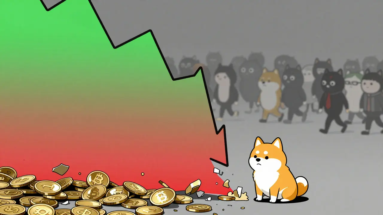 Sad dog sitting by a crashing crypto price chart