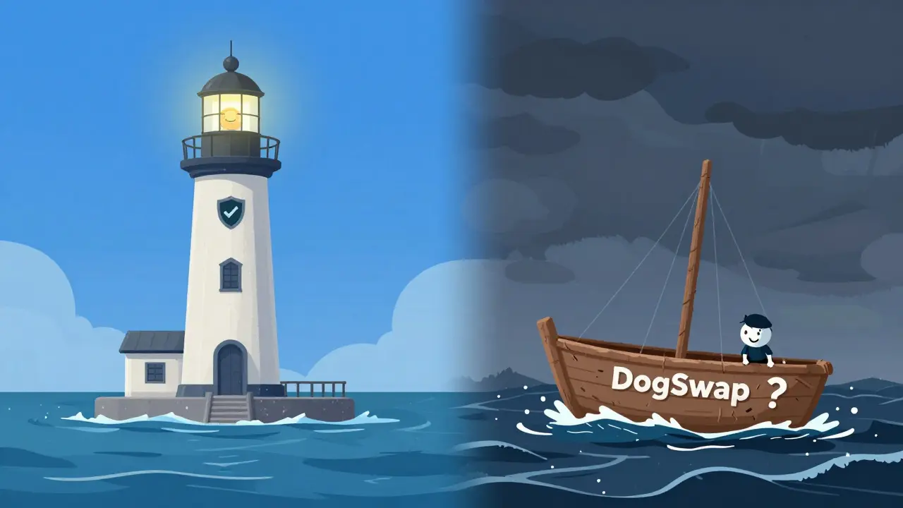 Safe lighthouse vs stormy raft illustrating crypto exchange risks