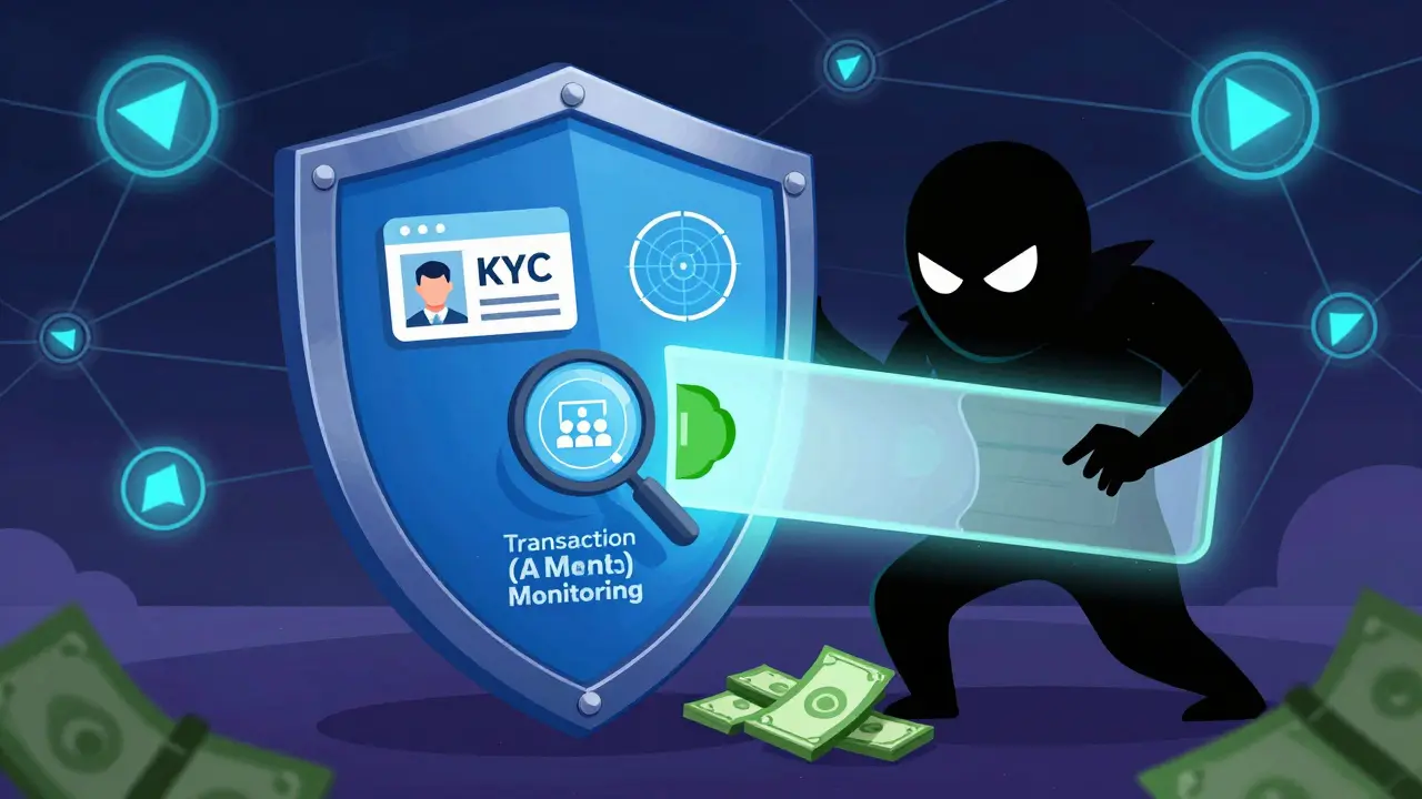 Shield blocking illicit funds with KYC and monitoring icons