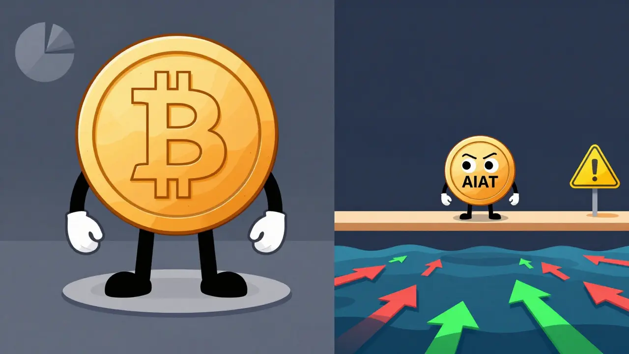 Small crypto token balancing on a beam vs large stable coin mascot