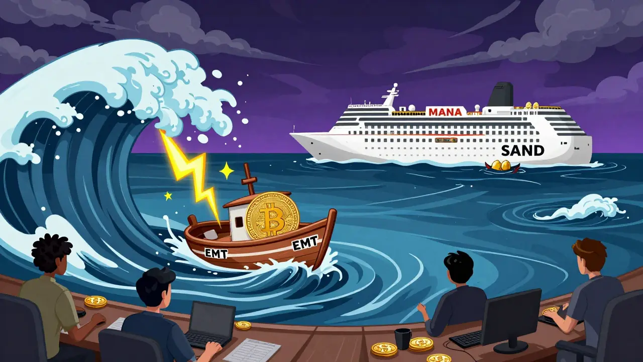 Small EMT boat in storm vs giant crypto ships