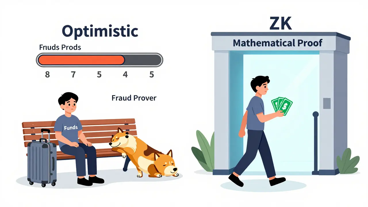 Split-screen cartoon showing the withdrawal time difference: slow waiting for optimistic rollups versus instant access for ZK rollups.