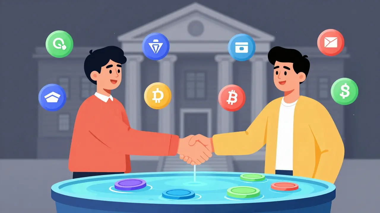 Two cartoon characters shaking hands over a holographic token pool, symbolizing peer-to-peer decentralized trading.