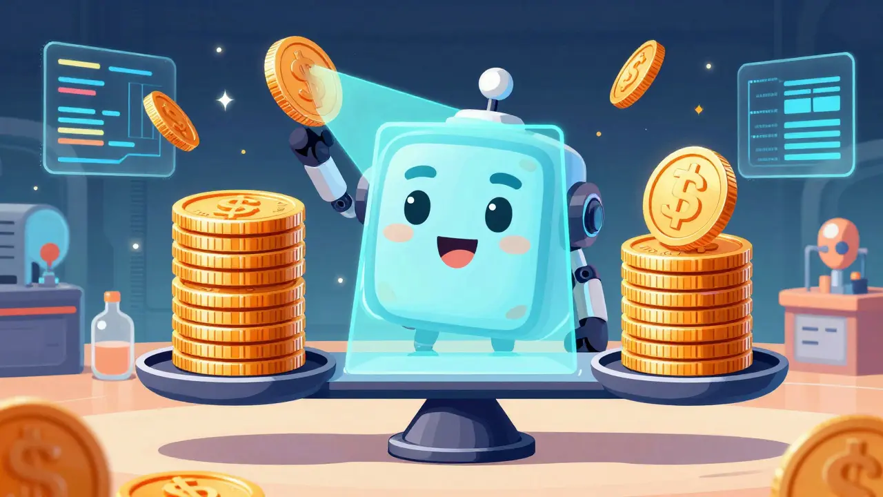 A cartoon robot scale balancing crypto tokens to show fair weighting.