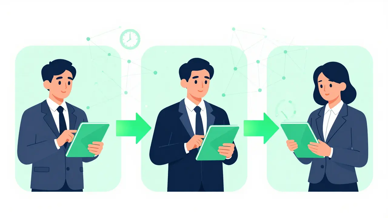 Business leaders approving transactions via tablets in a connected cartoon workflow.