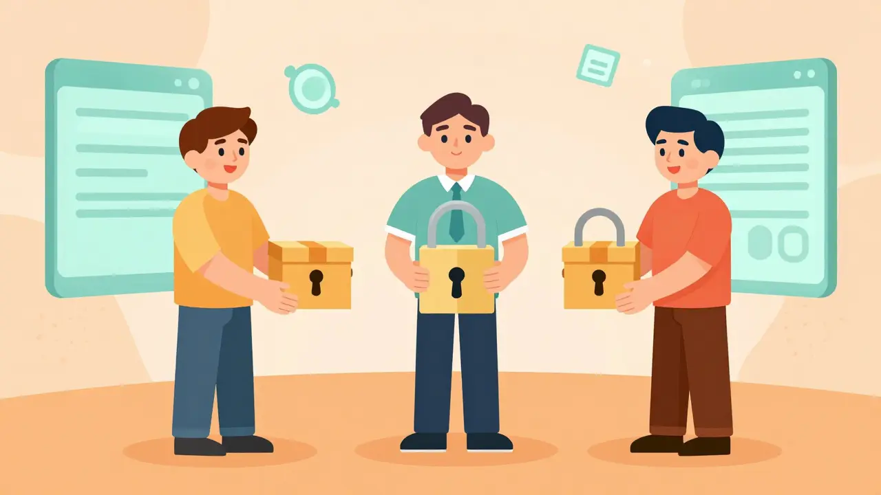 Buyer, seller, and arbitrator securing an asset in a cartoon escrow scene.