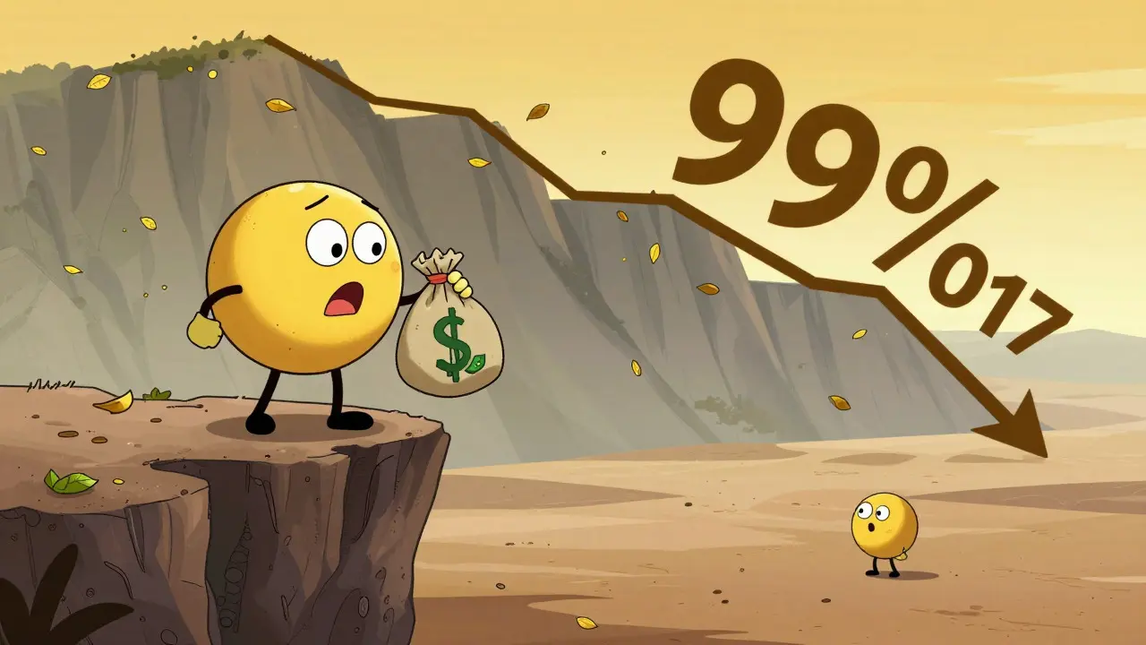 Cartoon character shrinking down a cliff to show massive crypto price drop