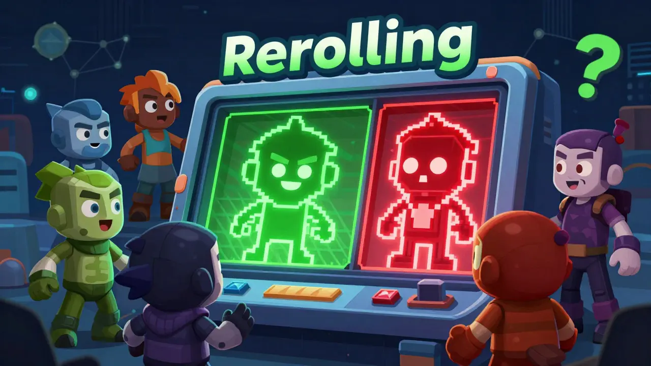 Cartoon characters rerolling pixel art avatars for rarity