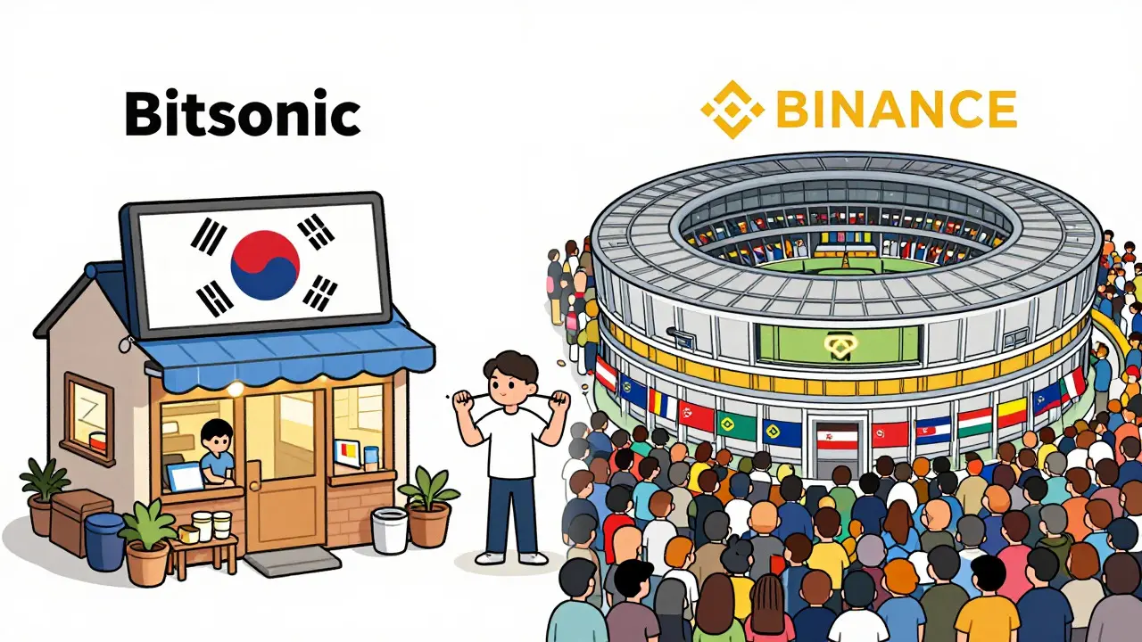 Cartoon comparison of niche local exchange versus massive global crypto platform