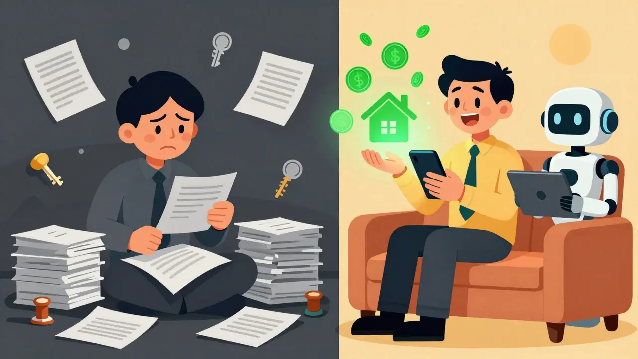Cartoon contrast between paper-heavy traditional investing and easy digital token buying.