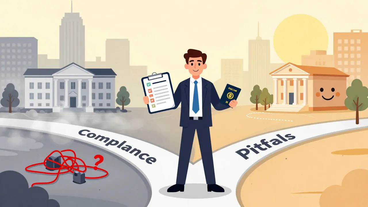 Cartoon entrepreneur choosing compliant path in Malta
