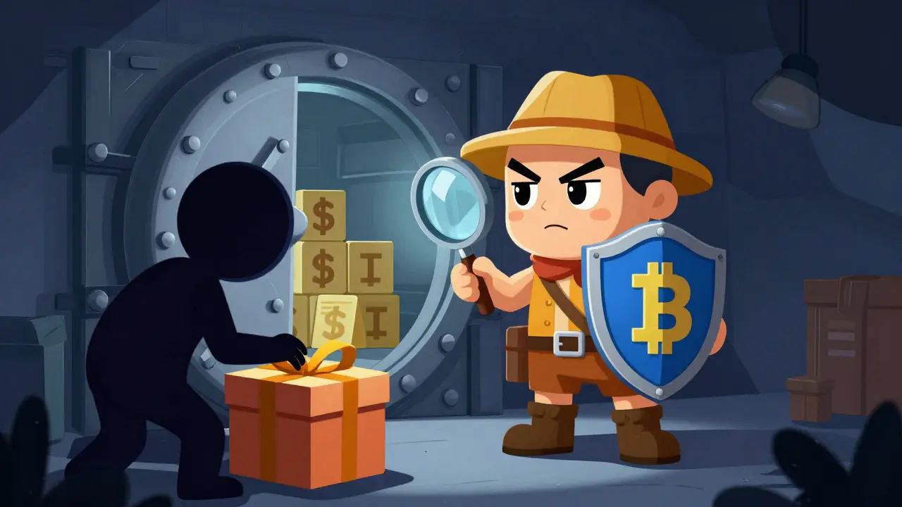 Cartoon explorer using shield and magnifying glass to spot crypto scams