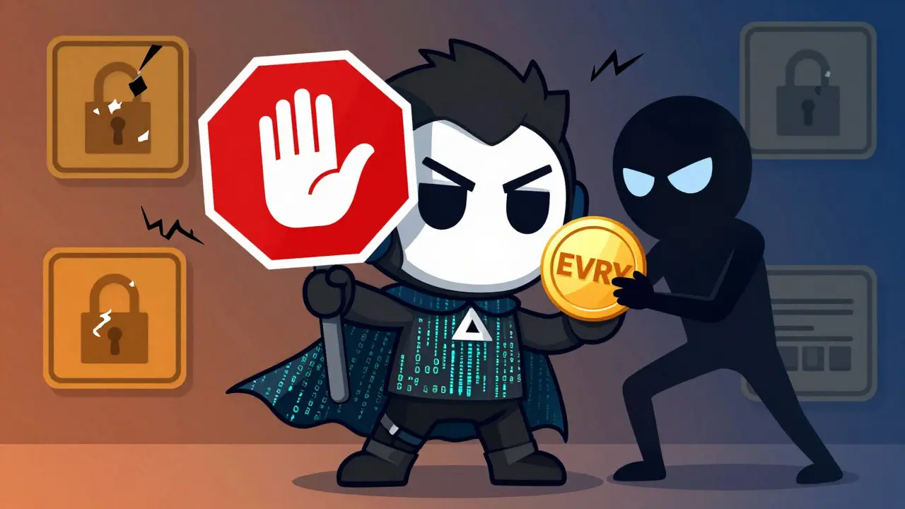 Cartoon hero blocking a scammer from stealing crypto tokens