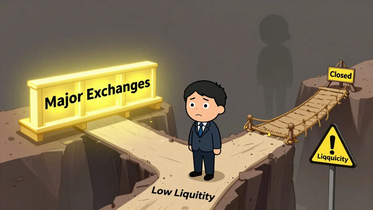 Cartoon investor facing a risky rope bridge versus a closed safe path in crypto