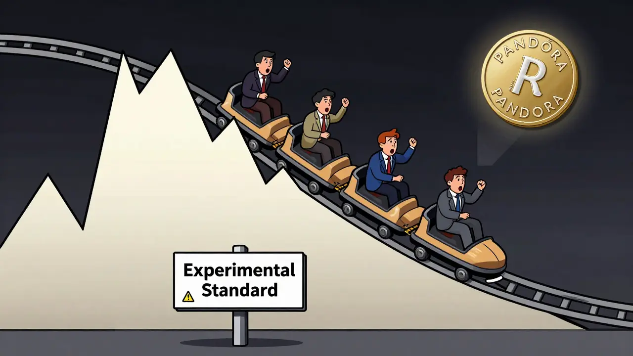 Cartoon investors on a volatile crypto rollercoaster chart