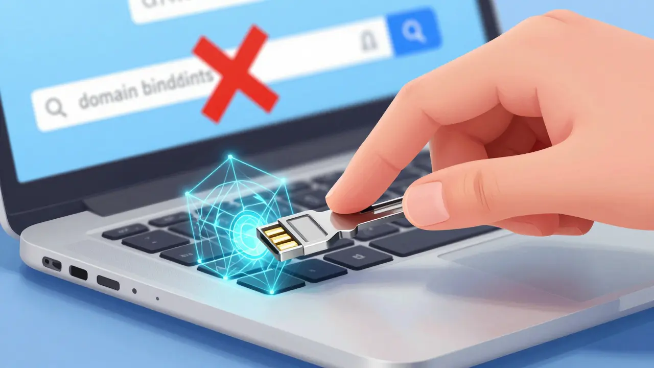 Cartoon of hardware key blocking phishing attack via domain binding