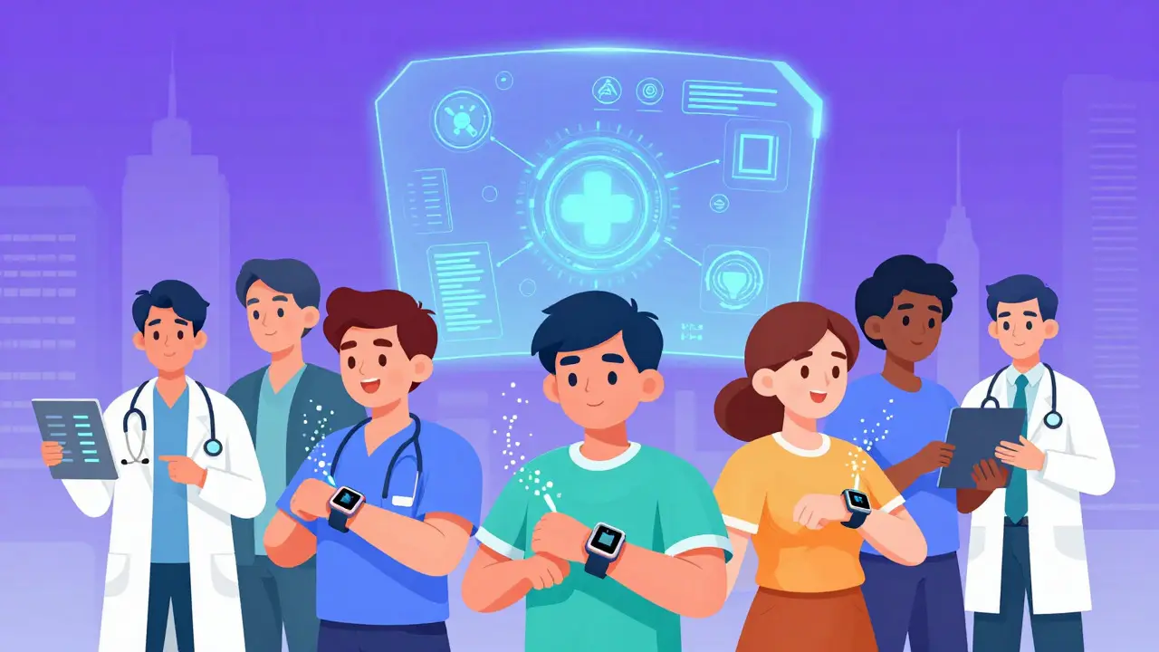 Cartoon of wearable devices feeding health data into a holographic blockchain network