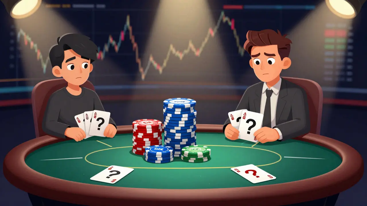 Cartoon poker game showing high risk of volatile crypto tokens