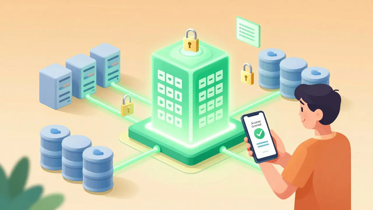 Cartoon showing secure blockchain ledger connecting hospitals and empowering patients
