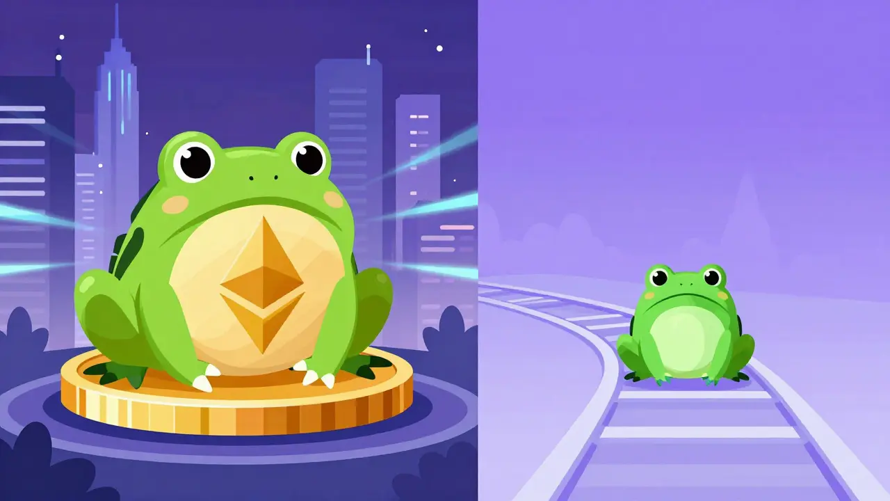 Cartoon split view comparing huge Ethereum coin vs tiny Solana coin