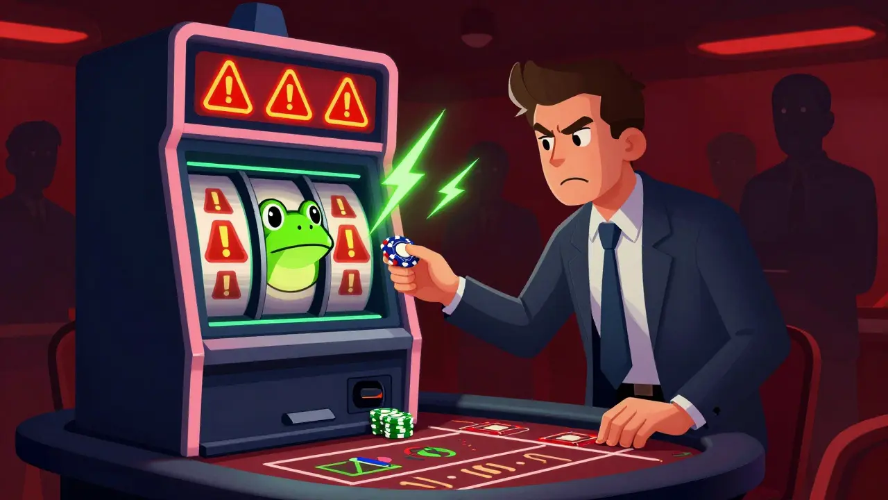 Cartoon trader risking chips on a volatile frog-themed slot machine