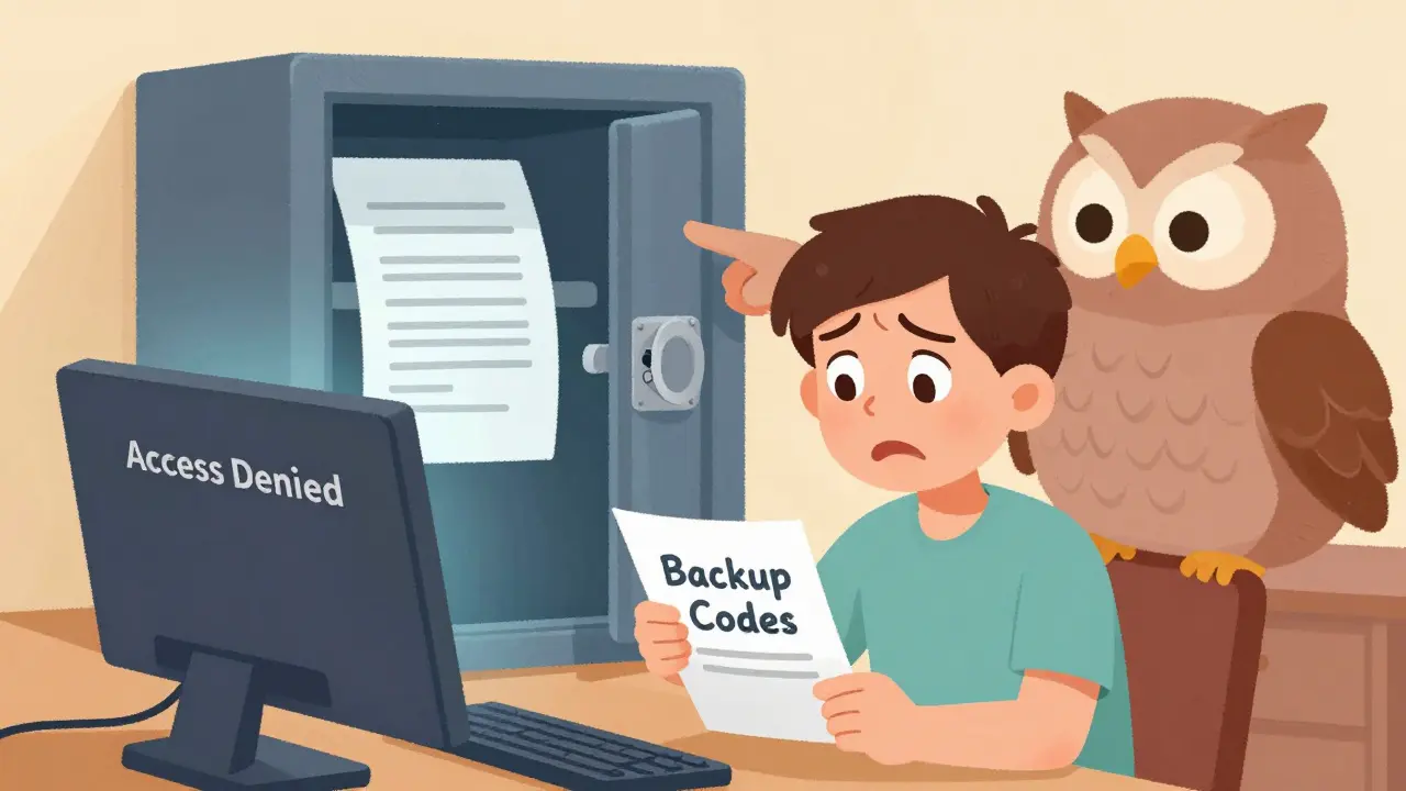 Cartoon user holding backup codes near a safe for secure storage