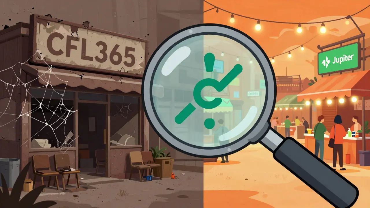 Comparison of abandoned CFL365 store vs vibrant legitimate crypto marketplaces
