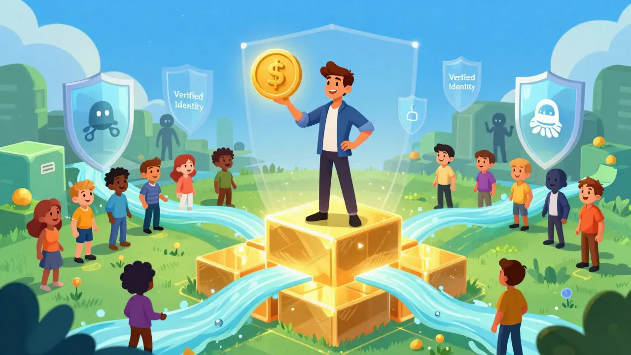 Creator standing on blockchain foundation with verified identity and direct fan connections