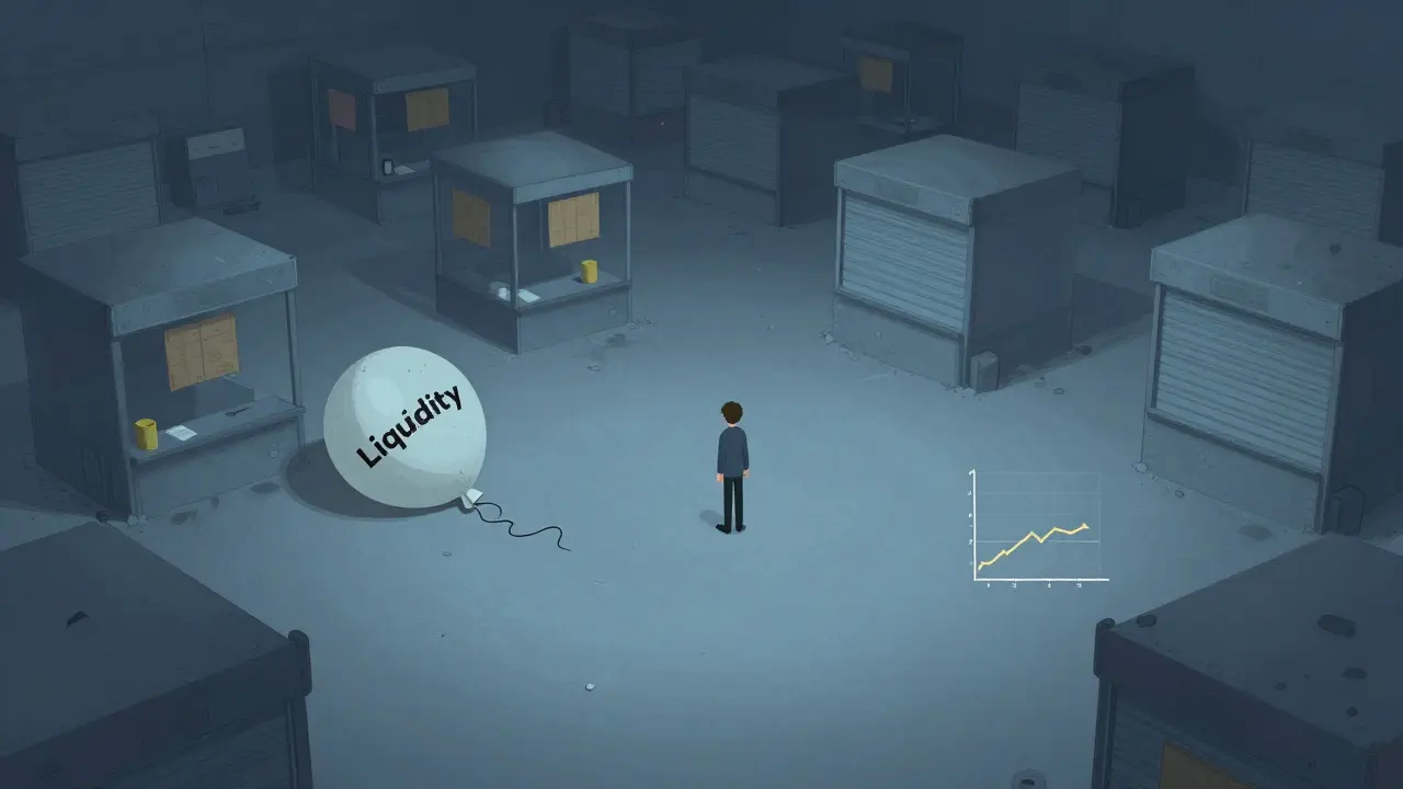 Empty, deserted crypto exchange illustrating zero trading volume