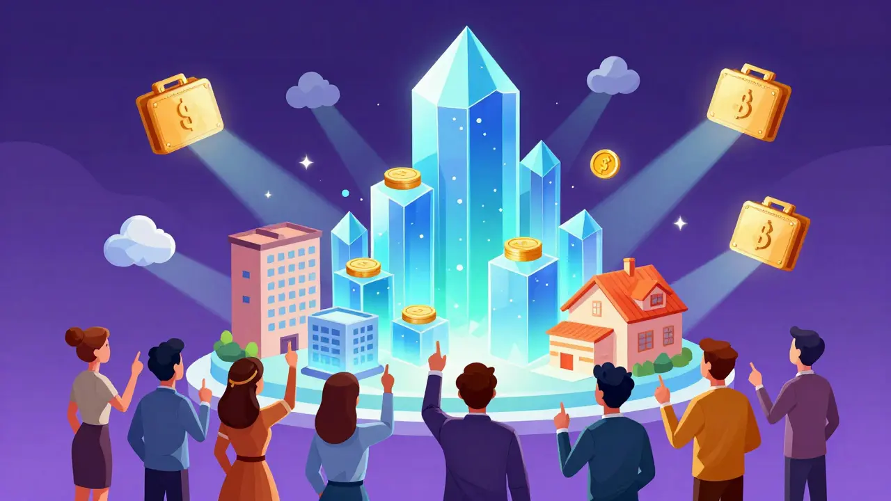 Futuristic cartoon scene of blockchain-supported real estate assets and happy investors.
