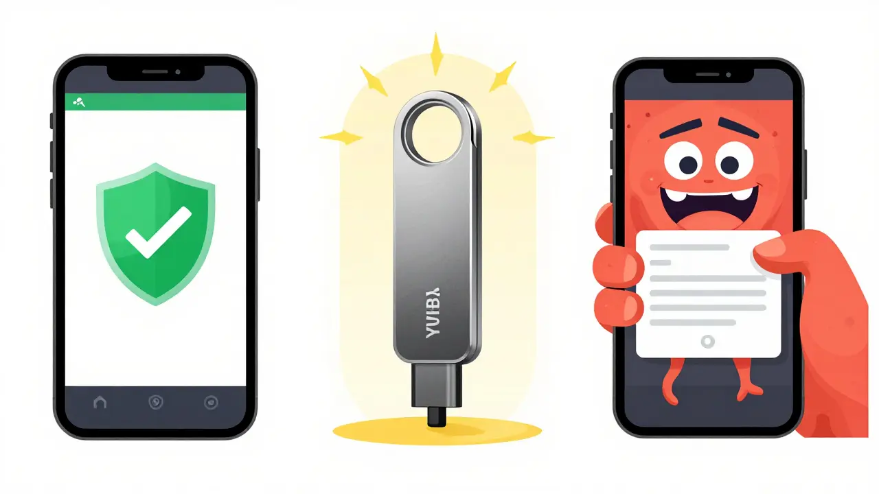 Illustration comparing secure apps/keys vs vulnerable SMS verification