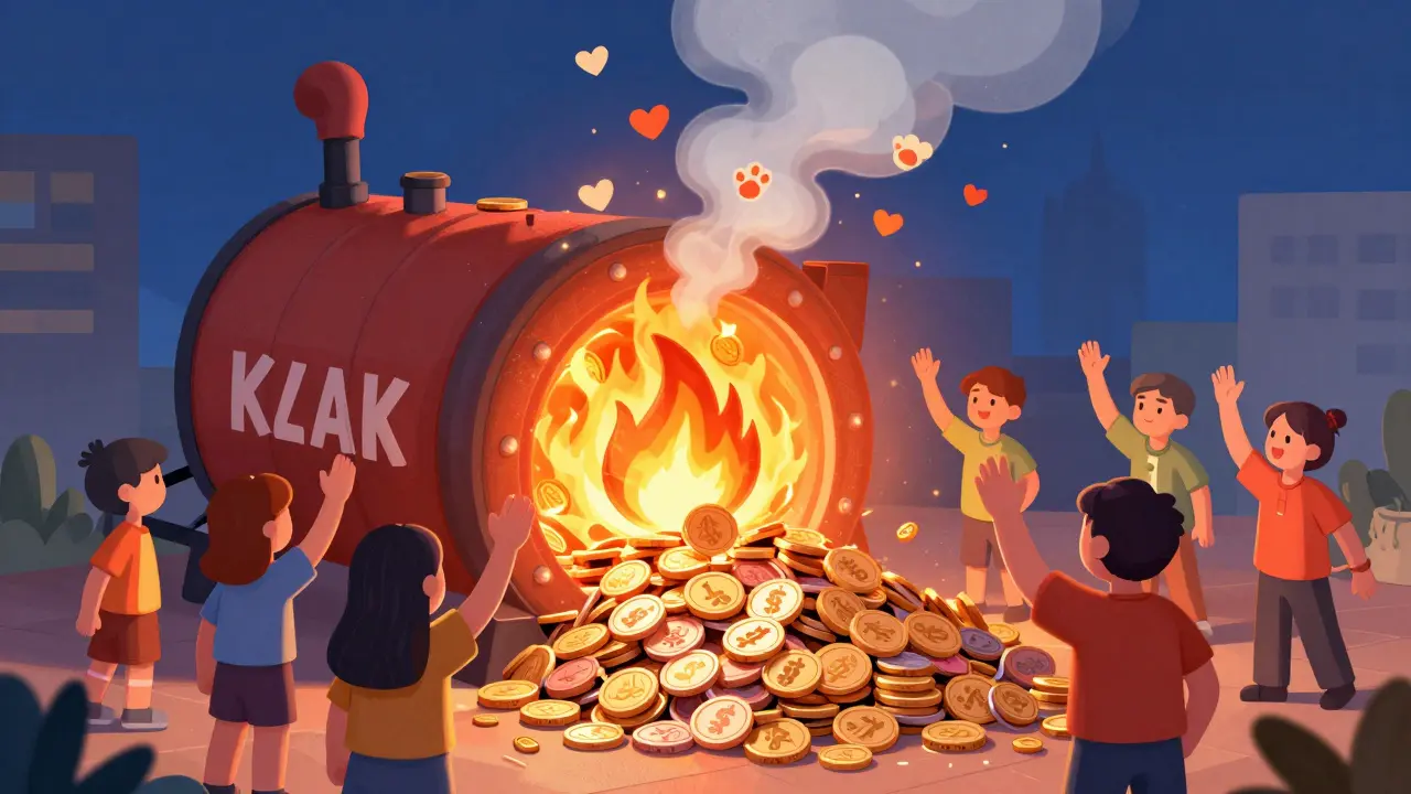 Illustration of KAKI coins burning in a furnace with happy community characters around