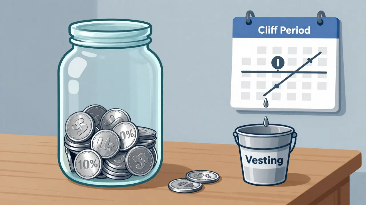 Illustration of token vesting with jar, calendar, and dripping tokens