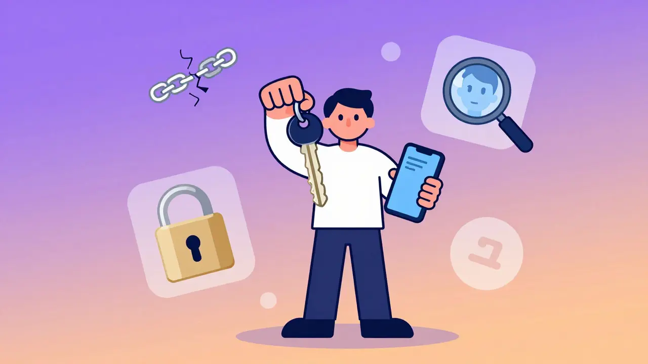 Person holding private key with security icons