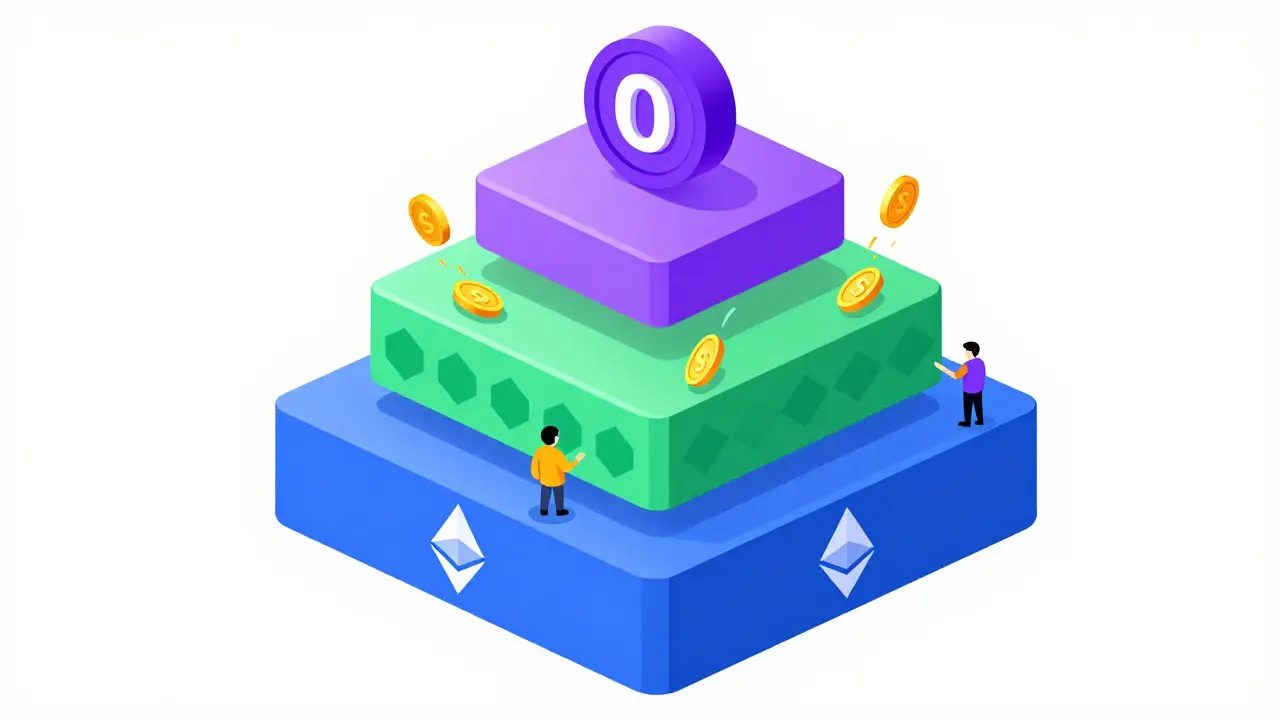 Stacked cartoon layers showing Ethereum, Arbitrum, and Onyx L3